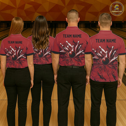 Bowling team wearing matching Retro Red Argyle uniforms, vintage tournament jerseys, retro bowling league apparel, classic sportswear theme.