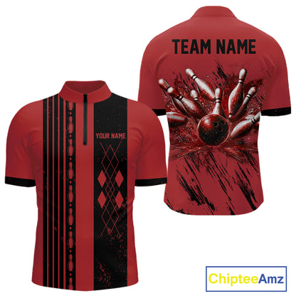 Retro Red Argyle Quarter-Zip Bowling Jersey, personalized bowling uniform, retro bowling sportswear, tournament apparel.