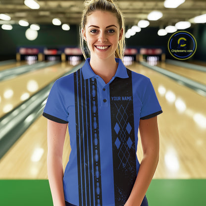 Female athlete modeling retro blue bowling shirt, vintage bowling fashion, nostalgic sports apparel, personalized team clothing.