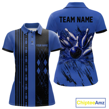 Woman wearing Retro Blue Argyle Bowling Polo Shirt with personalized bowling team design, classic blue argyle pattern, breathable performance polo, retro sportswear.