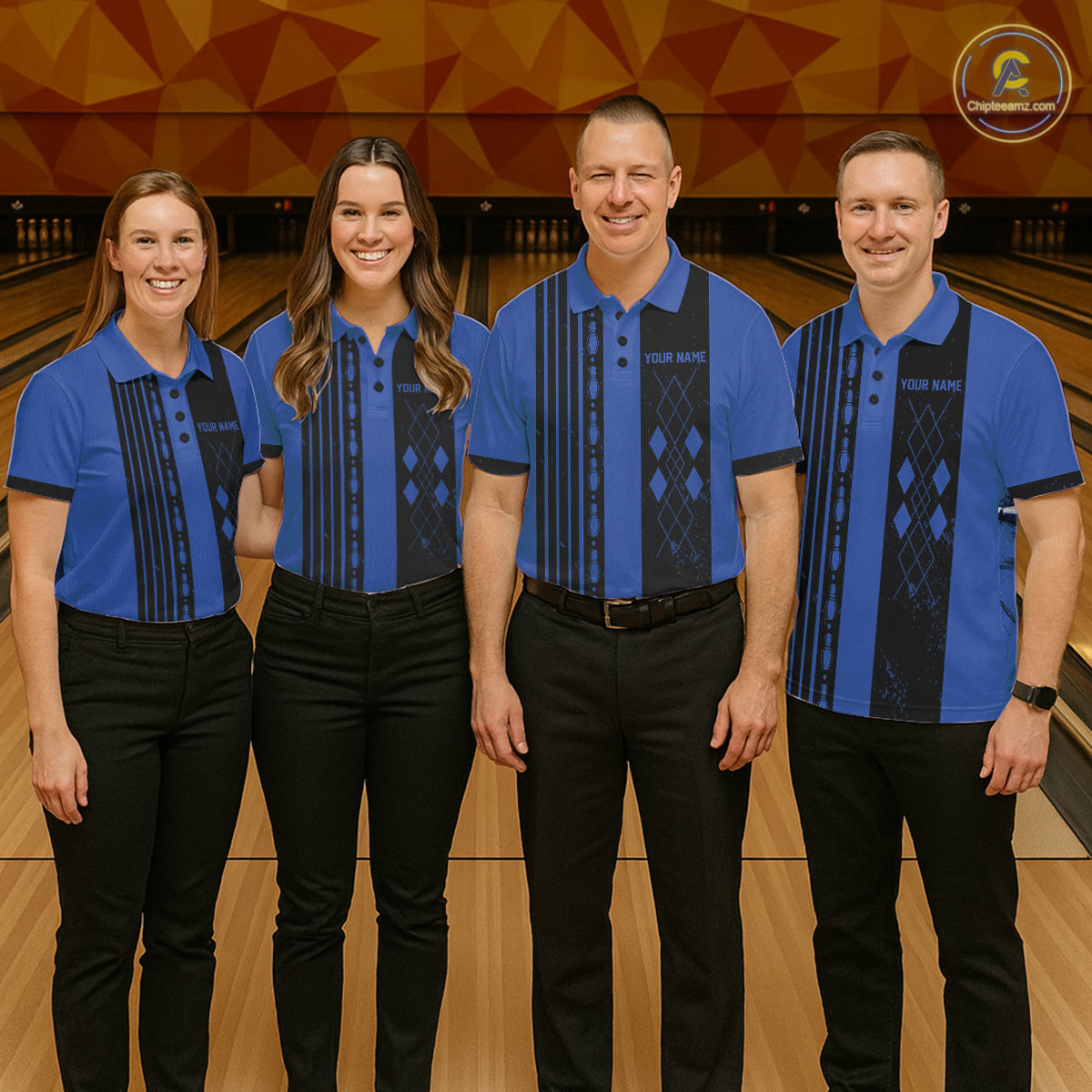 Bowling team wearing matching Retro Blue Argyle jerseys, vintage-inspired tournament uniforms, retro bowling culture, classic team sports apparel.