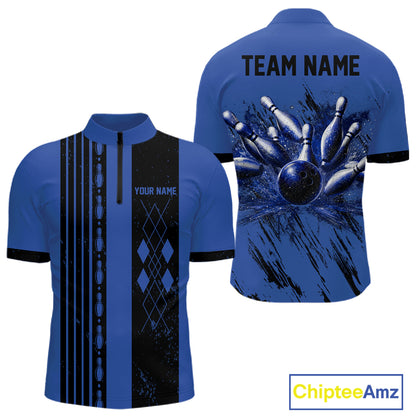 Retro Blue Argyle Grunge Bowling Shirt For Men Custom Team Bowling Tournament Outfits NYN3774