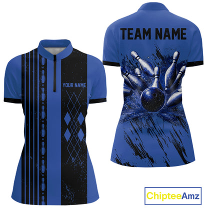 Woman wearing Retro Blue Argyle Quarter-Zip Bowling Shirt, custom team apparel, retro athletic bowling jersey, moisture-wicking performance fabric.