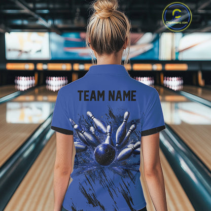 Female athlete modeling retro blue bowling shirt, vintage bowling fashion, nostalgic sports apparel, personalized team clothing.