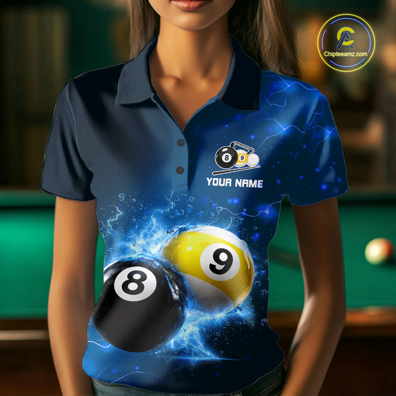 Custom 8 Ball & 9 Ball Womens Billiard Shirt Personalized Thunder Blue Billiard Tournament Jerseys NYN3777