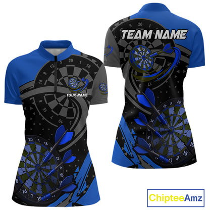 Custom Black & Blue Cracked Dartboard Women Dart Shirt Outfits Polo & 1/4-Zip Dart Jersey NYN1047