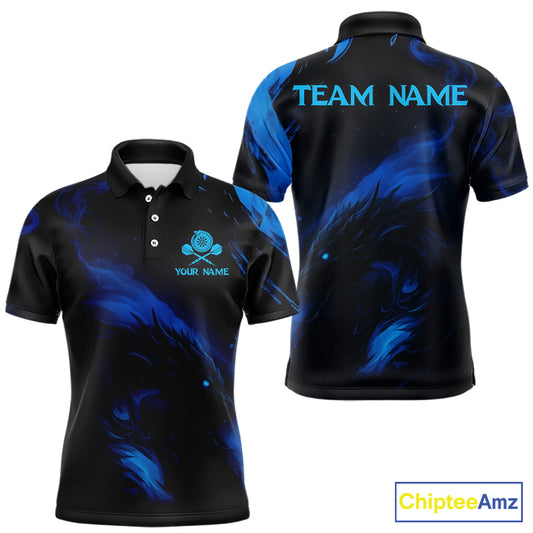 Personalized Black And Blue Flames Dragon Dart Polo Shirts For Men Dart Team Jerseys NYN2188