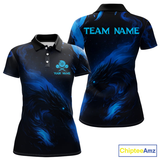 Personalized Black And Blue Flames Dragon Dart Polo Shirts For Women Dart Team Jerseys NYN2188