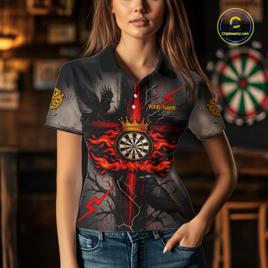 Personalized Raven Red Flames Crown Darts Polo Shirts For Women Cross Dart Gothic Jerseys NYN2194