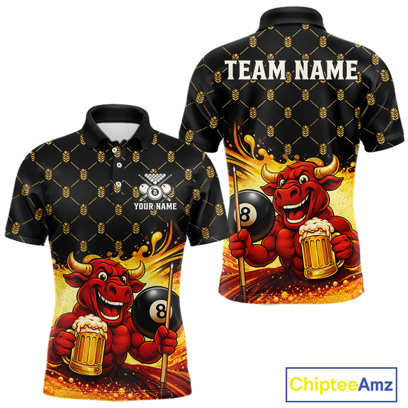 Beer & Funny Bull Play Pool 8 Ball Men Billiard Team Shirt Custom Billiard Polo & 1/4 Zip Attire NYN2475