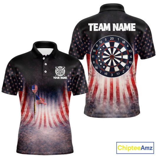 American Flag Grunge Dart Arrow Patriotic Dart Polo Shirts For Men Custom Name For Dart Players NYN2685