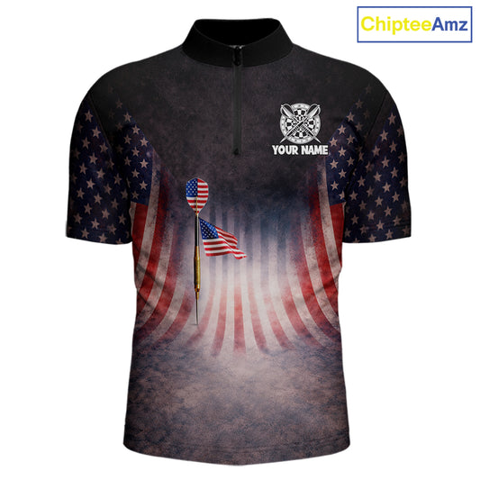American Flag Grunge Dart Arrow Patriotic Dart 1/4-Zip Shirts For Men Custom Name For Dart Players NYN2685