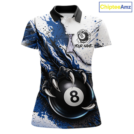 White And Blue Claws 8 Ball Billiard Pool Shirt For Women Custom Billiard Attire Team Jersey NYN3064