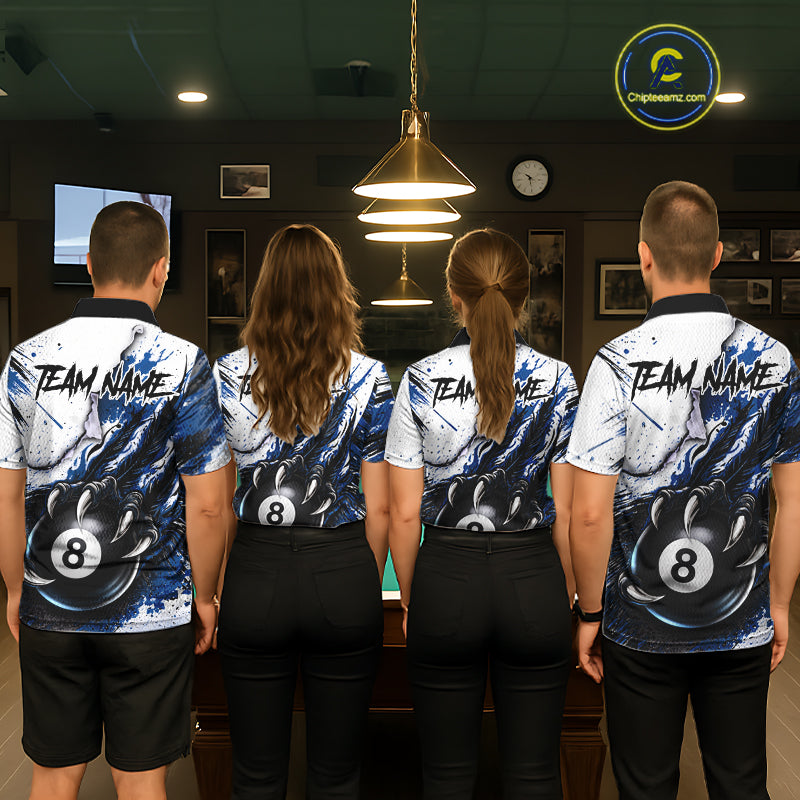 White And Blue Claws 8 Ball Billiard Pool Shirt For Women Custom Billiard Attire Team Jersey NYN3064