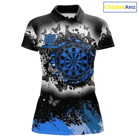 Women's white blue black grunge butterfly dart polo shirt mockup custom dart team jersey