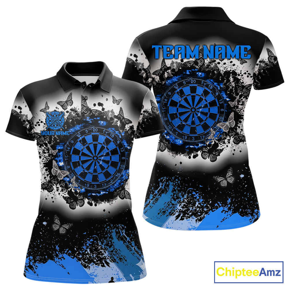 Women's white blue black grunge butterfly dart polo shirt mockup custom dart team jersey