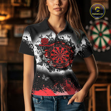 Load image into Gallery viewer, Woman wearing white red black butterfly dart shirt custom dart uniform mockup