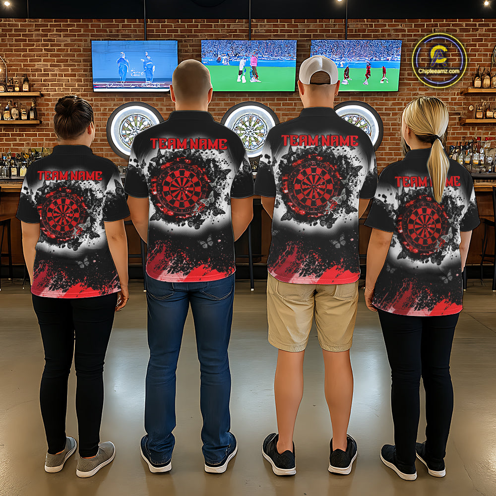 Men's dart team wearing white red black grunge butterfly dart jerseys tournament apparel