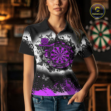 Load image into Gallery viewer, Woman wearing white purple black butterfly dart shirt custom dart uniform mockup