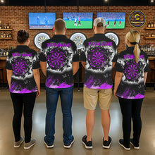 Load image into Gallery viewer, Men's dart team wearing white purple black grunge butterfly dart jerseys tournament apparel