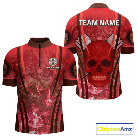 Red Skull & Flame Darts Men's Darts Quarter-Zip Shirt Custom Name For Players NYN0751