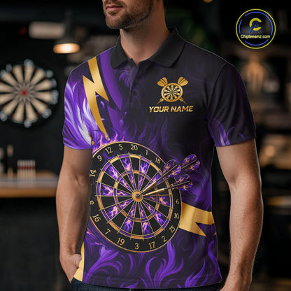 Purple Flame And Gold Dartboard Darts Polo Quarter-Zip Shirts For Men Custom Darts Team Jersey NYN4081