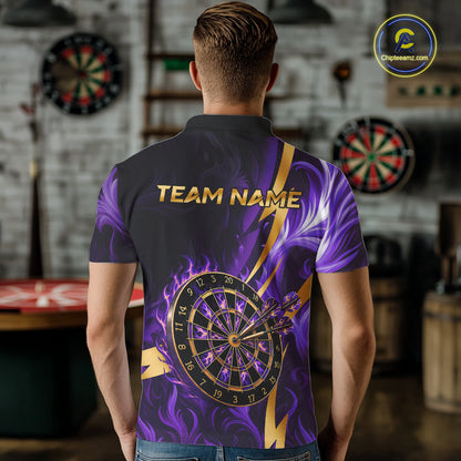 Purple Flame And Gold Dartboard Darts Polo Quarter-Zip Shirts For Men Custom Darts Team Jersey NYN4081
