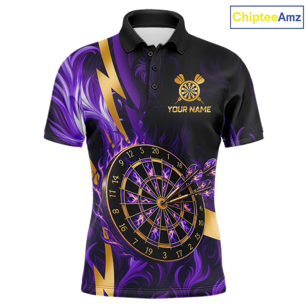 Purple Flame And Gold Dartboard Darts Polo Quarter-Zip Shirts For Men Custom Darts Team Jersey NYN4081