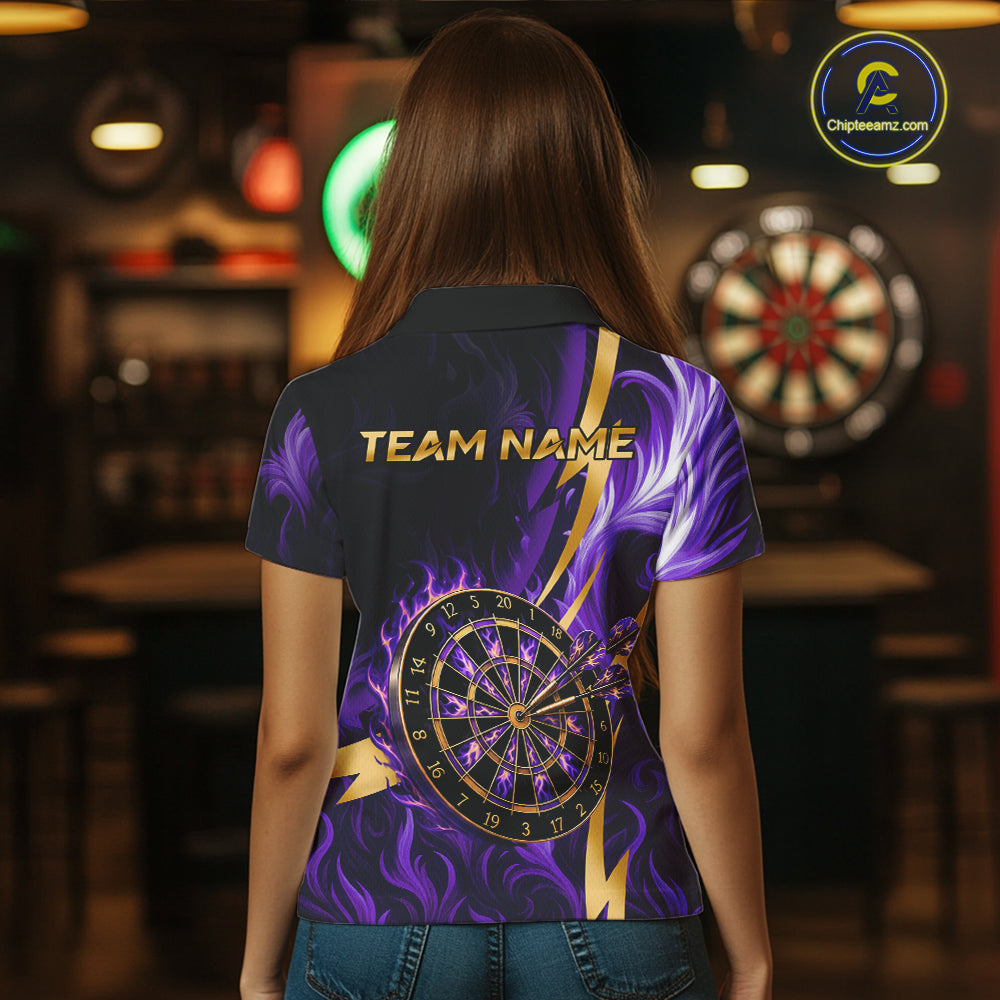 Purple Flame And Gold Dartboard Darts Polo Quarter-Zip Shirts For Women Custom Darts Team Jersey NYN4081