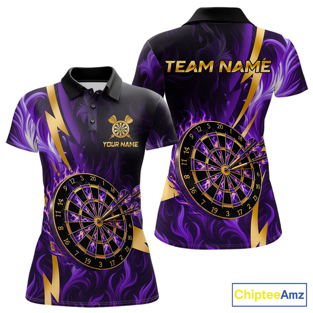 Purple Flame And Gold Dartboard Darts Polo Quarter-Zip Shirts For Women Custom Darts Team Jersey NYN4081