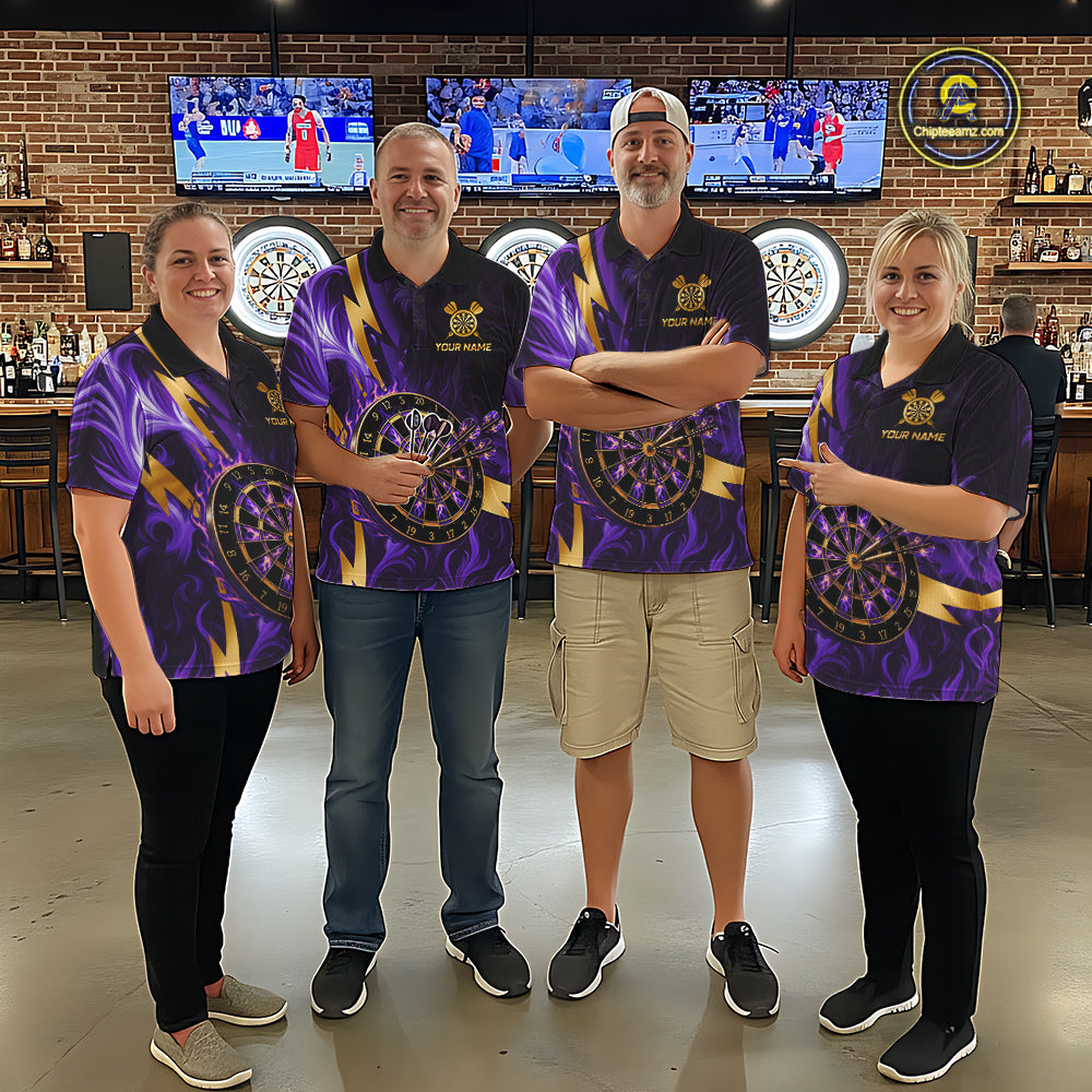 Purple Flame And Gold Dartboard Darts Polo Quarter-Zip Shirts For Men Custom Darts Team Jersey NYN4081