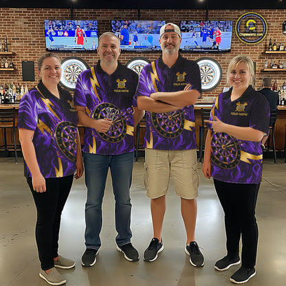 Purple Flame And Gold Dartboard Darts Polo Quarter-Zip Shirts For Men Custom Darts Team Jersey NYN4081
