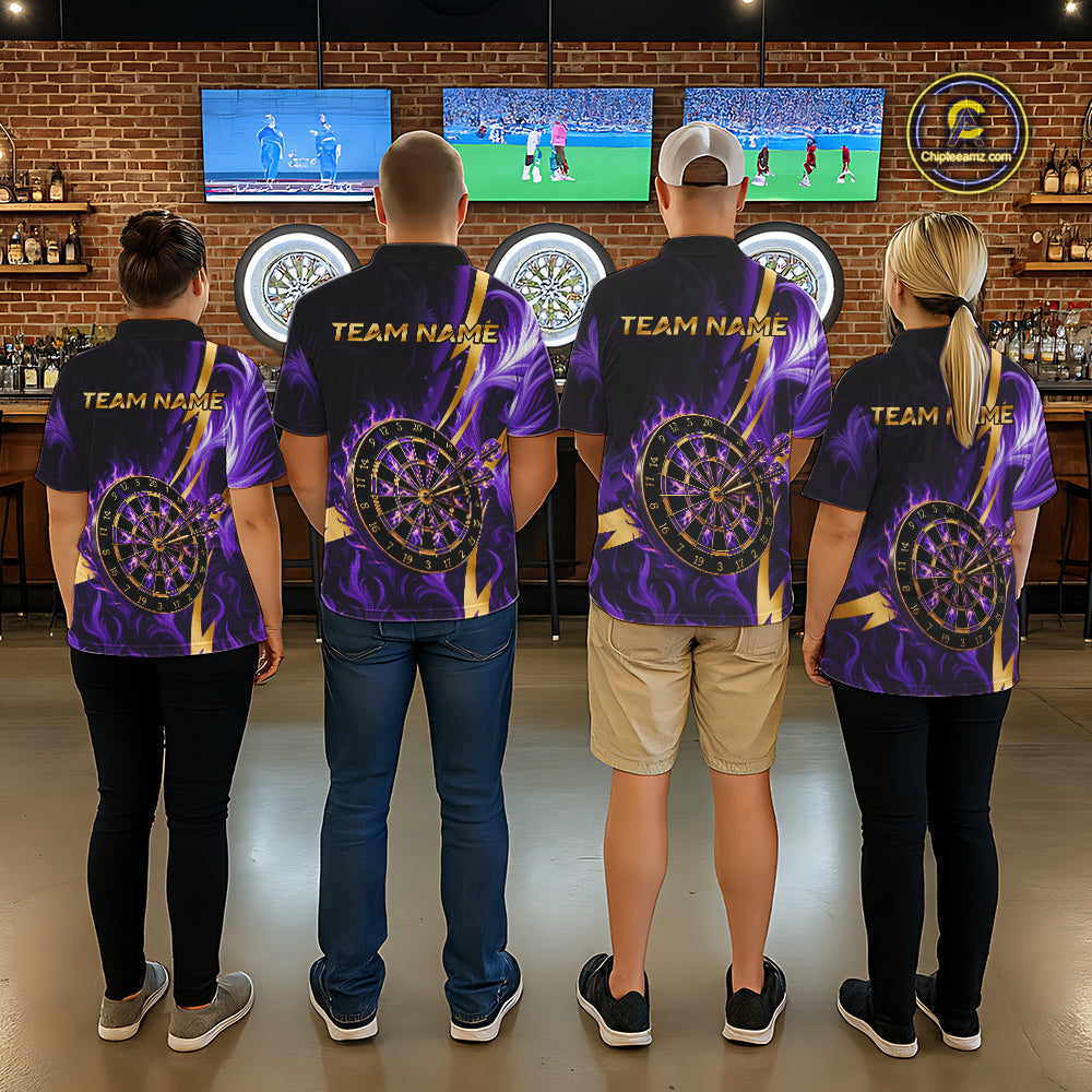 Purple Flame And Gold Dartboard Darts Polo Quarter-Zip Shirts For Men Custom Darts Team Jersey NYN4081