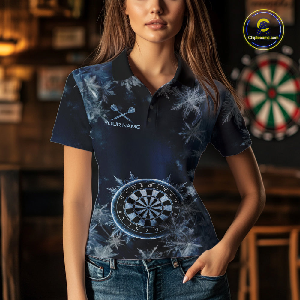 Blue Snowflake Darts Polo & Quarter Zip Shirt For Women Custom Blue Icy Dart Team Dart Jersey NYN4090