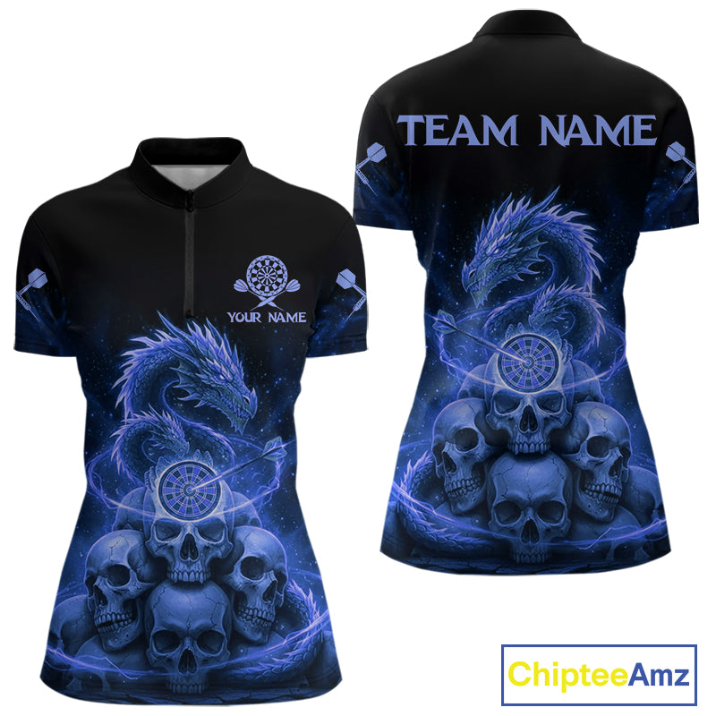 Custom Blue Galaxy Dragon Skulls Dartboard Women Darts Quarter-Zip Shirt Dart Team Jerseys NYN1934