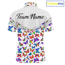 Load image into Gallery viewer, Butterfly Mens White Pattern Golf Polo Shirt Custom Name Floral Colorful Watercolor Golf Shirts NYN2846