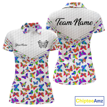 Butterfly Womens White Pattern Golf Polo Shirt Custom Name Floral Colorful Watercolor Golf Shirts NYN2846