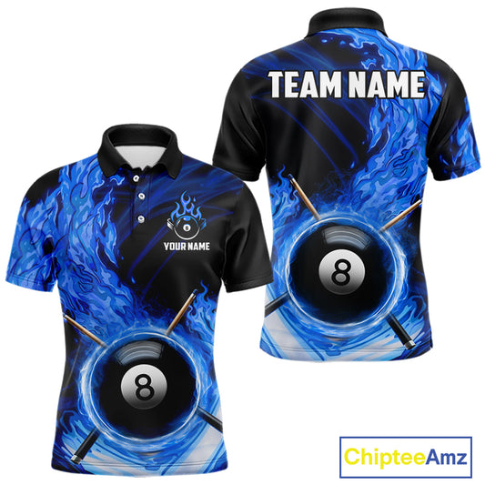 Personalized Blue 8 Ball Fire Flame Billiard Polo & 1/4-Zip For Men 8 Ball Pool Team Jersey NYN2847