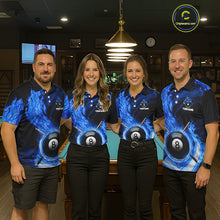 Load image into Gallery viewer, Personalized Blue 8 Ball Fire Flame Billiard Polo &amp; 1/4-Zip For Men 8 Ball Pool Team Jersey NYN2847