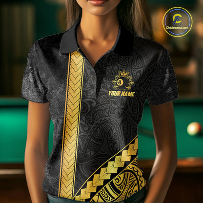 Polynesian Tribal Gold Crown 8 Ball Billiard Pool Shirt For Women Custom Outfits Billiard Team Attire NYN3218