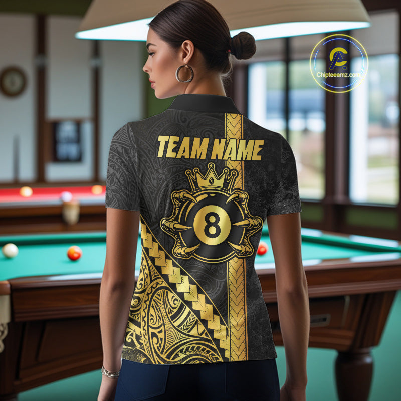 Polynesian Tribal Gold Crown 8 Ball Billiard Pool Shirt For Women Custom Outfits Billiard Team Attire NYN3218