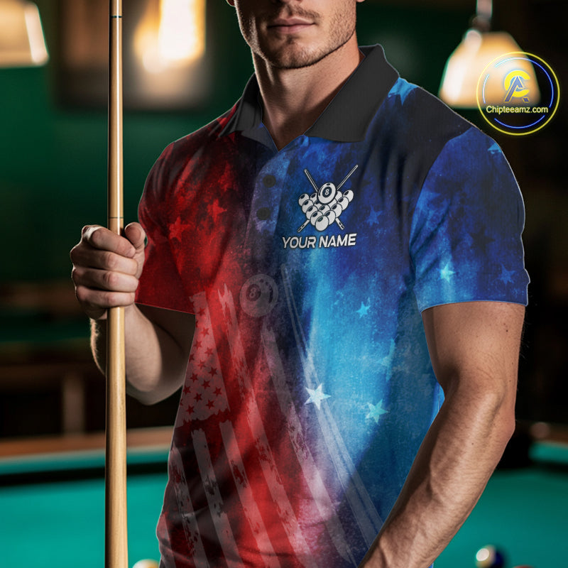 Red - Blue Grunge American Flag Billiard Pool Shirt For Men Personalized Patriot Billiard Team Attire NYN3219