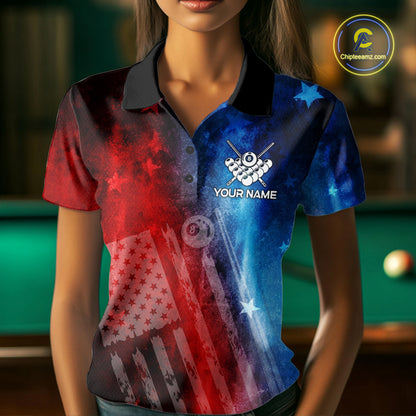 Red - Blue Grunge American Flag Billiard Pool Shirt For Women Personalized Patriot Billiard Team Attire NYN3219