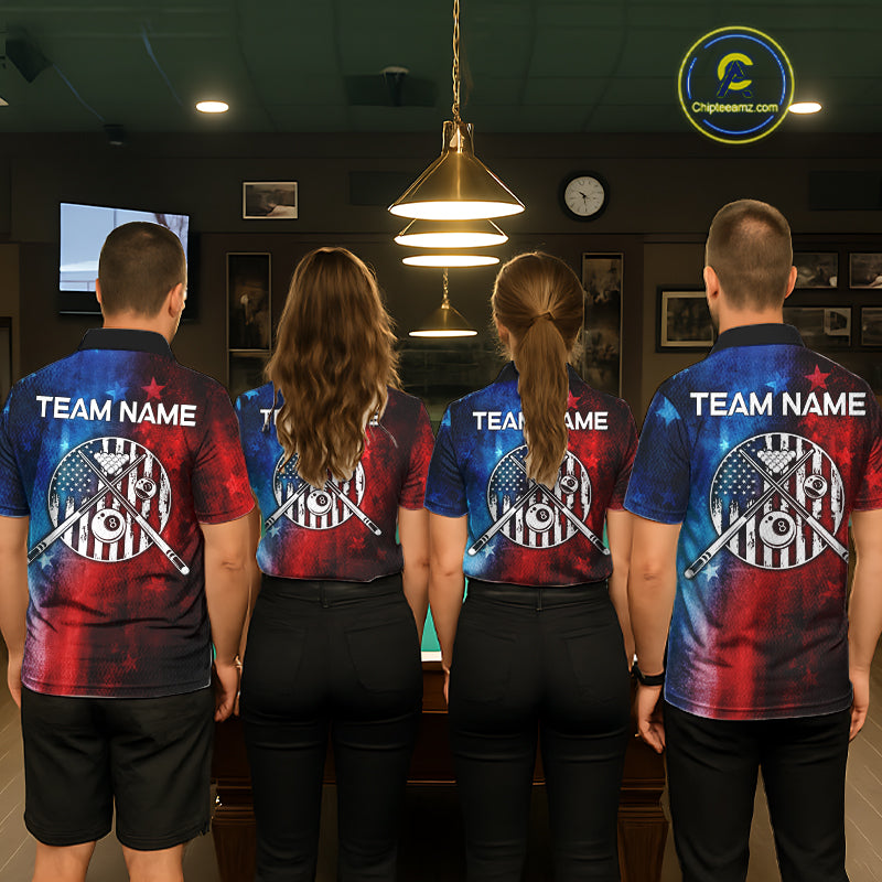 Red - Blue Grunge American Flag Billiard Pool Shirt For Men Personalized Patriot Billiard Team Attire NYN3219