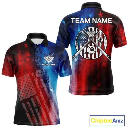 Red - Blue Grunge American Flag Billiard Pool Shirt For Men Personalized Patriot Billiard Team Attire NYN3219