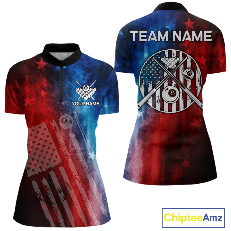 Red - Blue Grunge American Flag Billiard Pool Shirt For Women Personalized Patriot Billiard Team Attire NYN3219