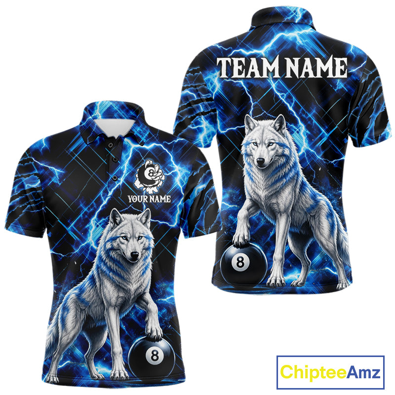 Custom Funny Wolf 8 Ball Billiard Shirt For Men Thunder Lightning Billiard Pool Team Jersey | Blue NYN3222