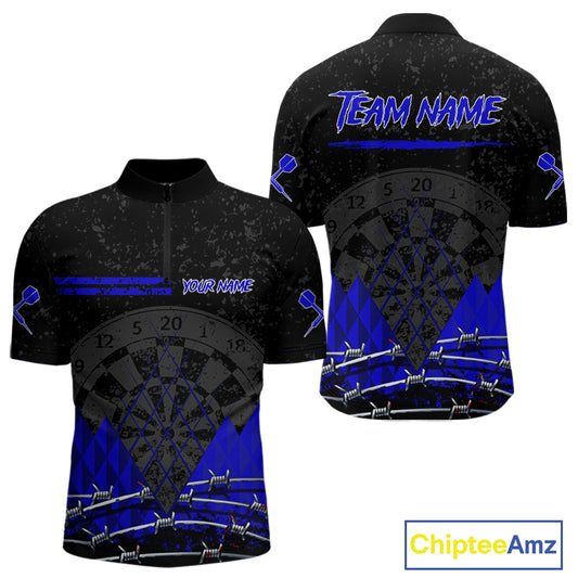 Barbed Wire & Grunge Dartboard Blue Darts Shirt  For Men - Custom Name For Players NYN0547