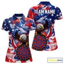 Load image into Gallery viewer, Smoke American Flag women's dart polo shirt custom patriotic dart team jersey, professional dart uniform, custom name dart shirt, competitive dart apparel