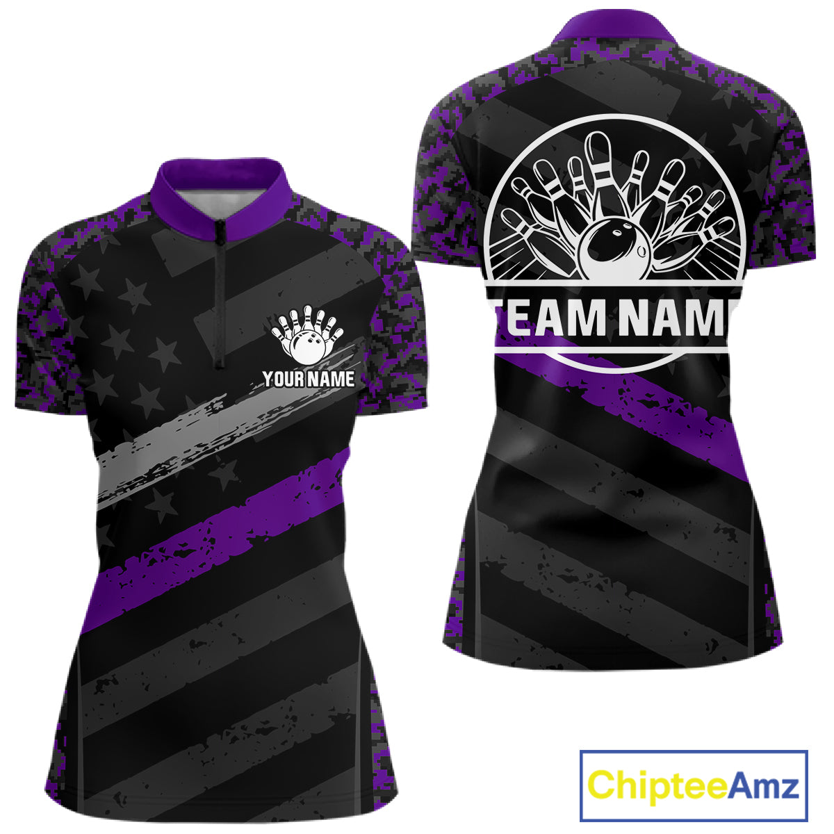 Black And Purple Digital Camo Bowling Shirt Women Men Custom USA Flag Patriot Bowling Team Shirt NYN4094